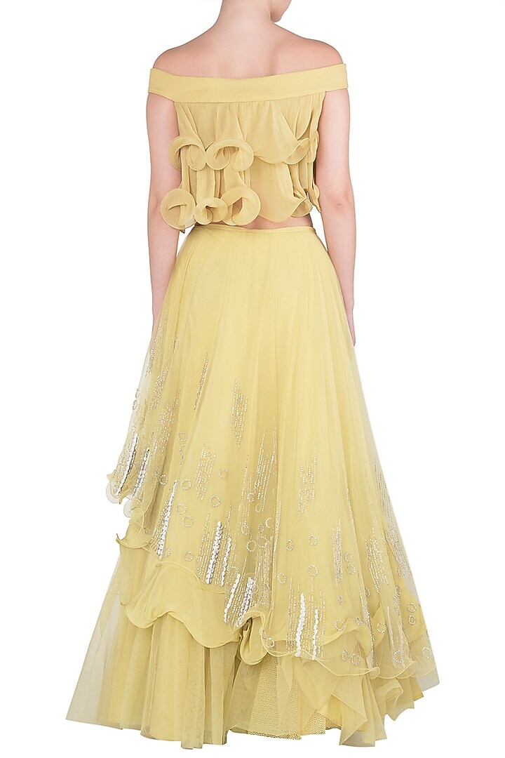 Iris yellow embroidered ruffle top with lehenga skirt available only at Pernia's Pop Up Shop.