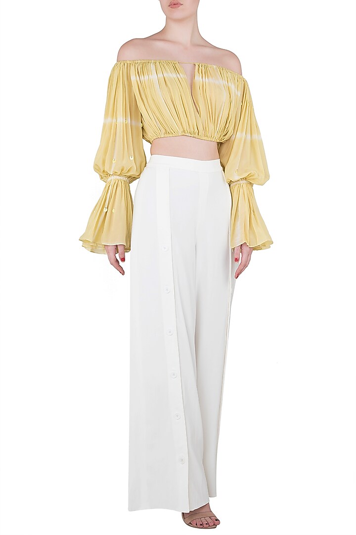 Iris yellow textured crop top with thigh high slit pants available only at Pernia's Pop Up Shop.