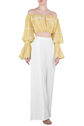 Iris Yellow Textured Crop Top with Thigh High Slit Pants by Babita Malkani