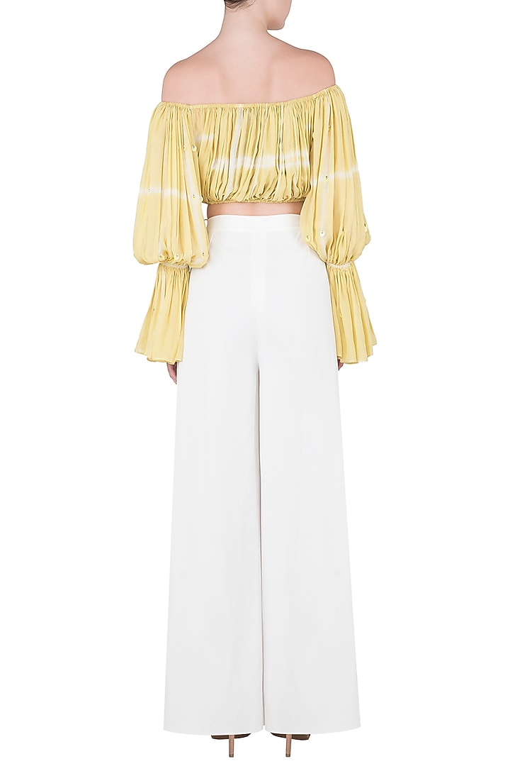Iris yellow textured crop top with thigh high slit pants available only at Pernia's Pop Up Shop.