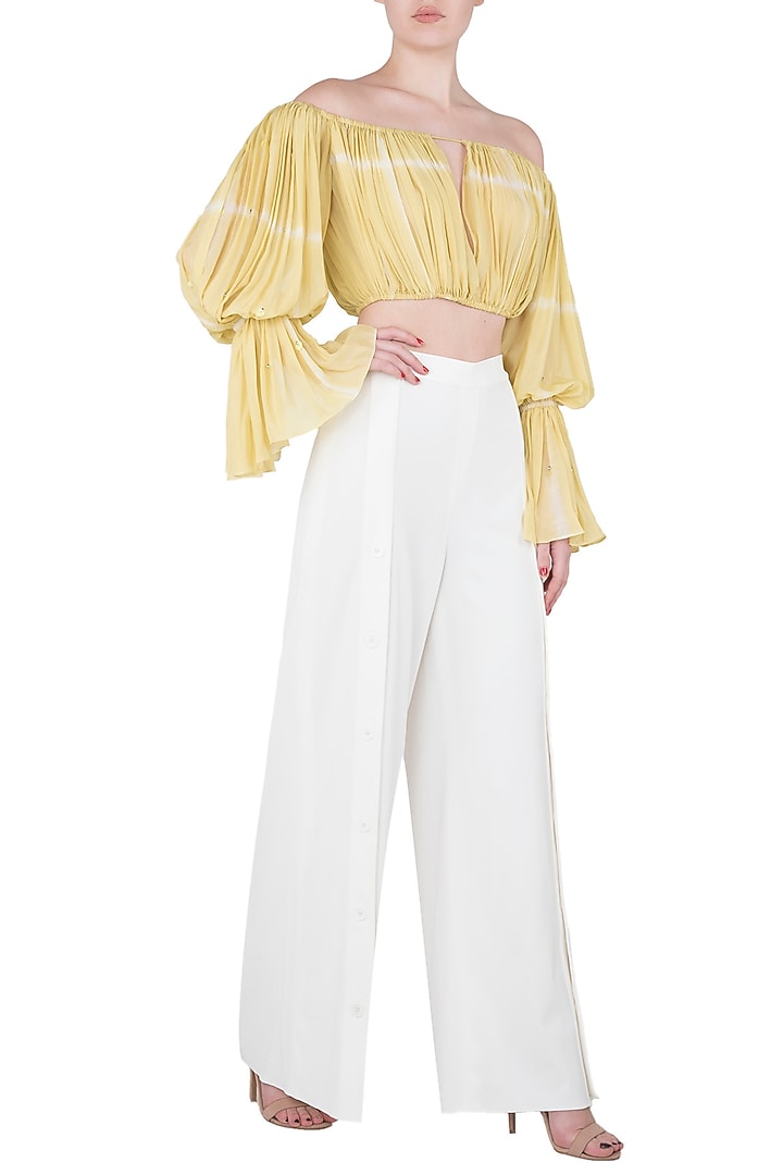 Iris yellow textured crop top with thigh high slit pants available only at Pernia's Pop Up Shop.