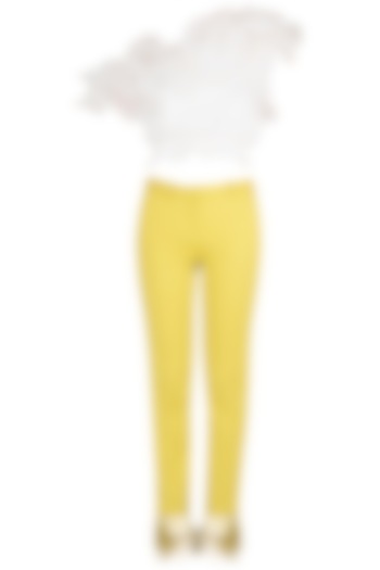 White Ruffled Crop Top with Iris Yellow Tasseled Pants by Babita Malkani