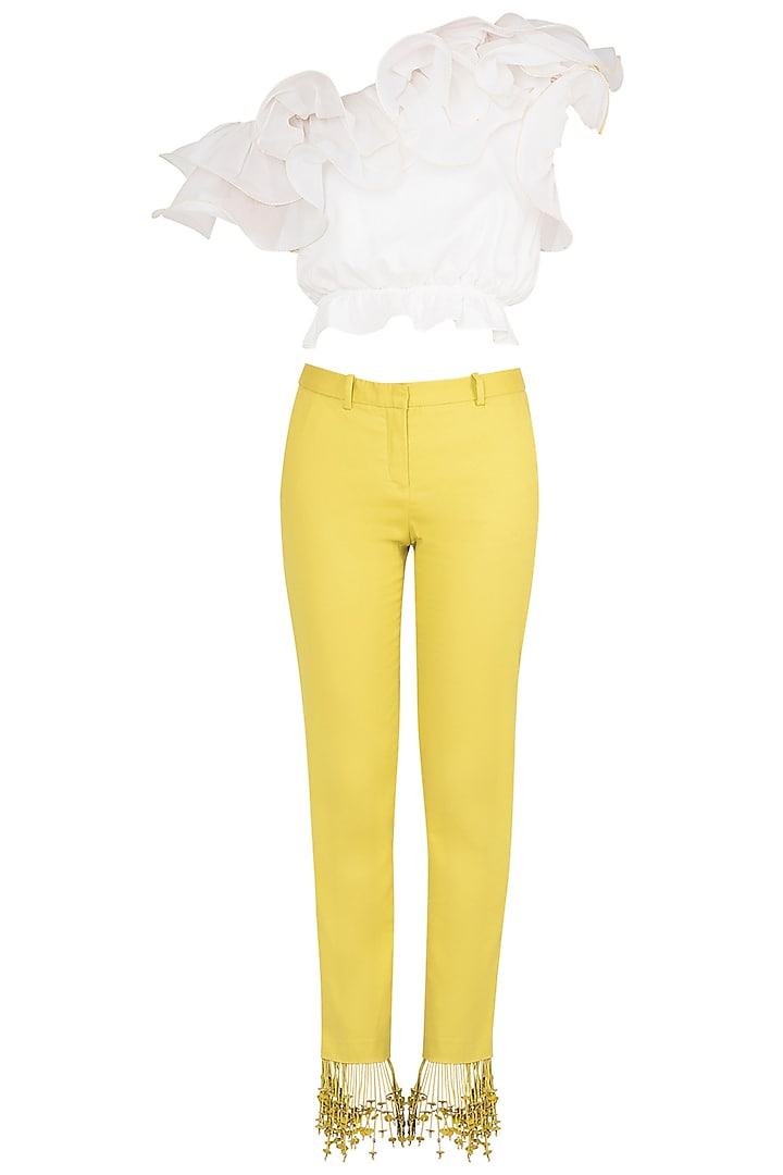 White Ruffled Crop Top with Iris Yellow Tasseled Pants by Babita Malkani