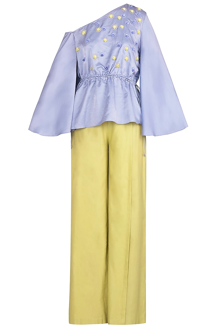 Periwinkle One Shoulder Embellished Top with Cross Pleated Pants by Babita Malkani