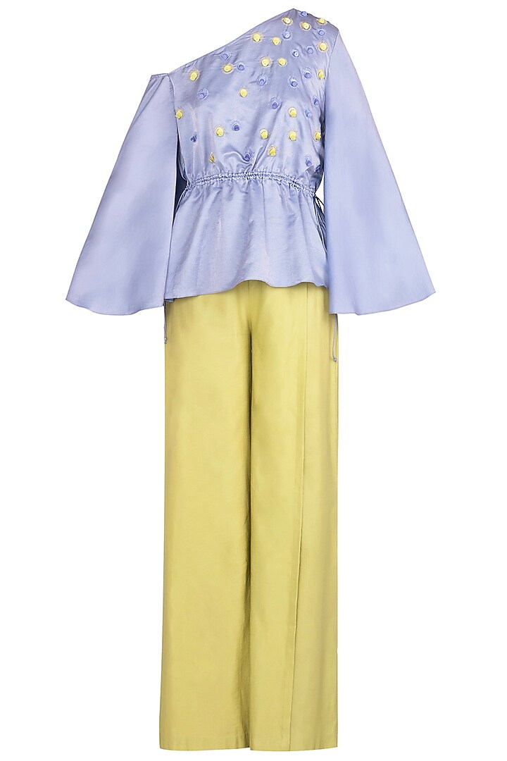 Periwinkle one shoulder embellished top with cross pleated pants available only at Pernia's Pop Up Shop.