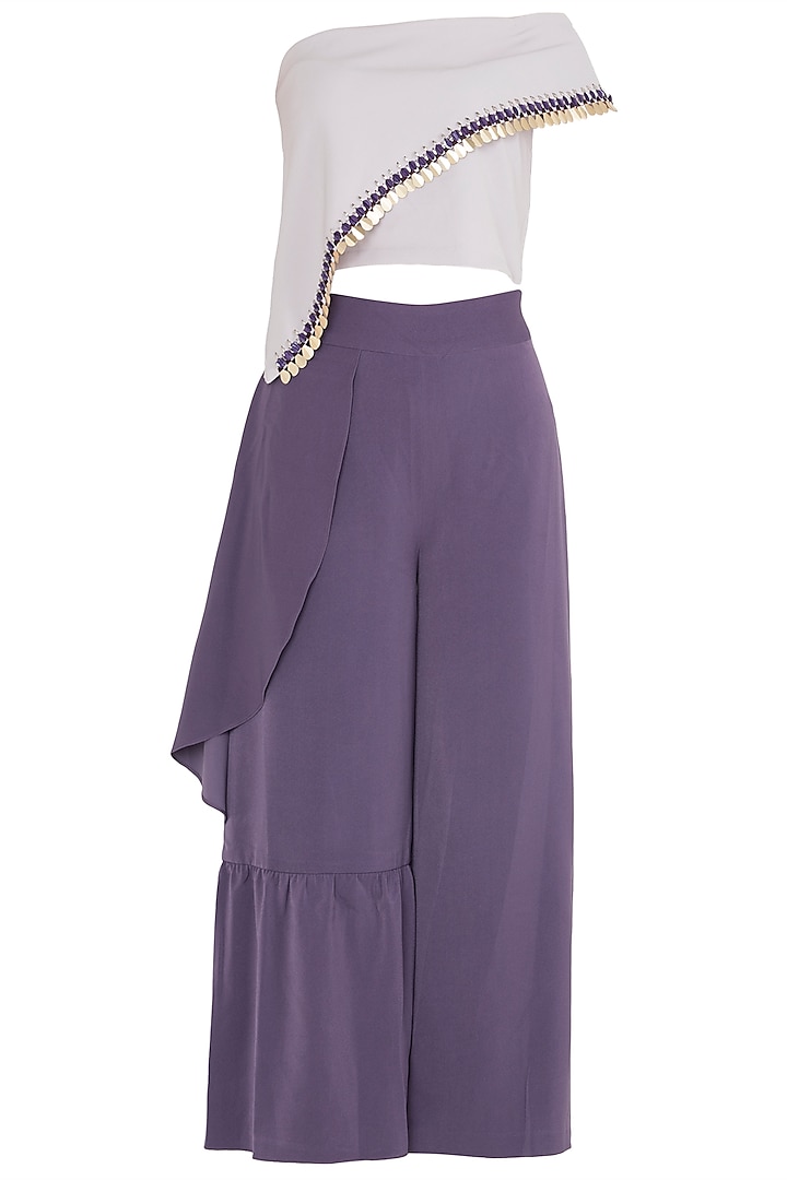 Purple Asymmetrcial Off Shoulder Top with Ruffled Culottes by Babita Malkani