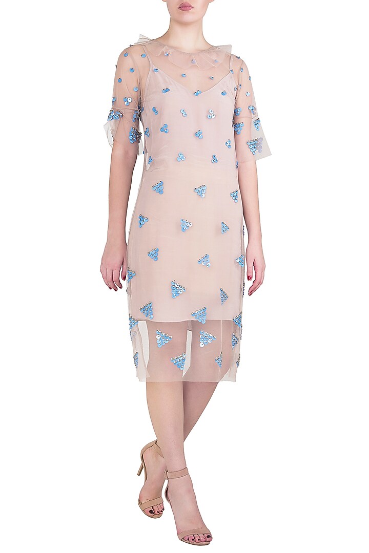 Beige sequins embellished shift dress available only at Pernia's Pop Up Shop.