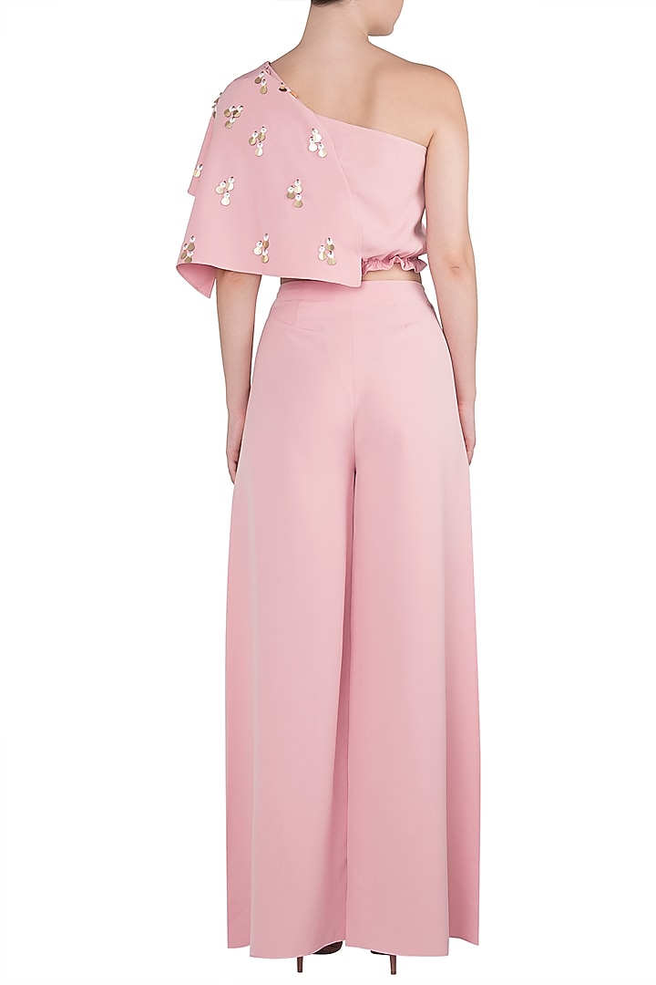 Flamingo pink one shoulder crop top with pants available only at Pernia's Pop Up Shop.