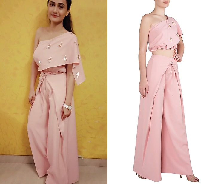 Flamingo pink one shoulder crop top with pants available only at Pernia's Pop Up Shop.