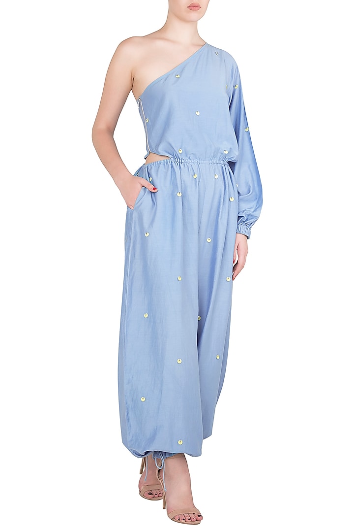 Blue one shoulder jumpsuit available only at Pernia's Pop Up Shop.
