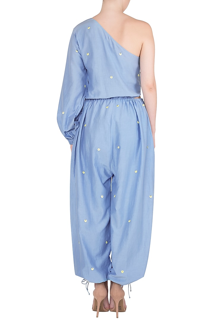 Blue one shoulder jumpsuit available only at Pernia's Pop Up Shop.