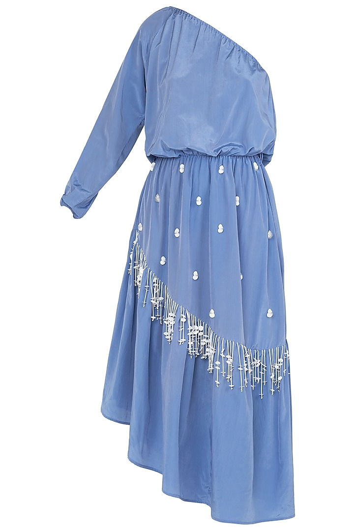 Blue Asymmetrical One Shoulder Ruffled Dress by Babita Malkani