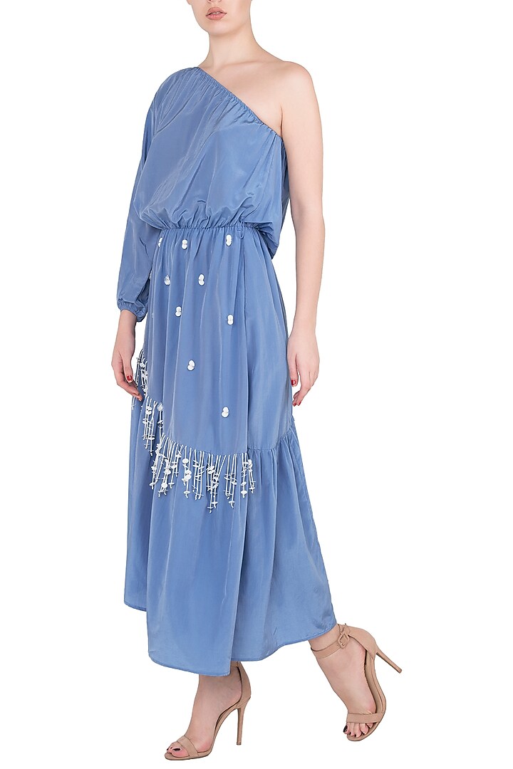 Blue asymmetrical one shoulder ruffled dress available only at Pernia's Pop Up Shop.