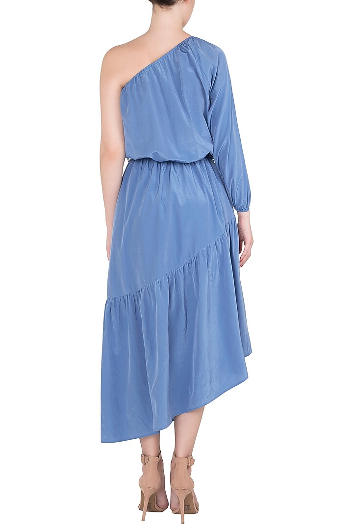 Blue asymmetrical one shoulder ruffled dress available only at Pernia's Pop Up Shop.