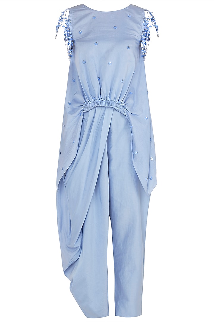 Dusk blue asymmetrical tassel embellished top with draped pants available only at Pernia's Pop Up Shop.