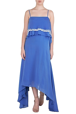 Blue Asymmetrical Off Shoulder Sequins Maxi Dress by Babita Malkani