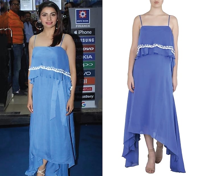 Blue asymmetrical off shoulder sequins maxi dress available only at Pernia's Pop Up Shop.