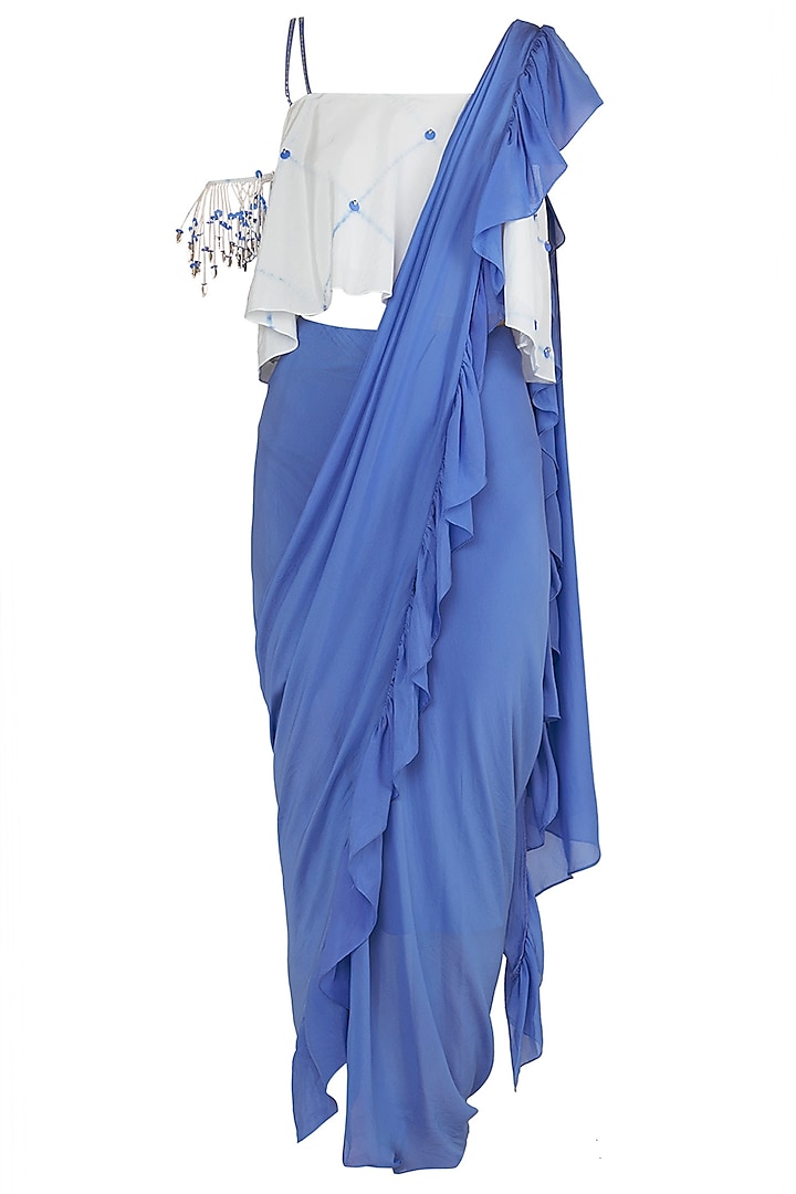 Blue Draped Asymmetrical Saree with White Cold Shoulder Blouse by Babita Malkani