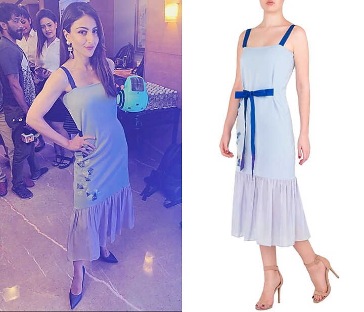 Dark blue applique work midi dress available only at Pernia's Pop Up Shop.