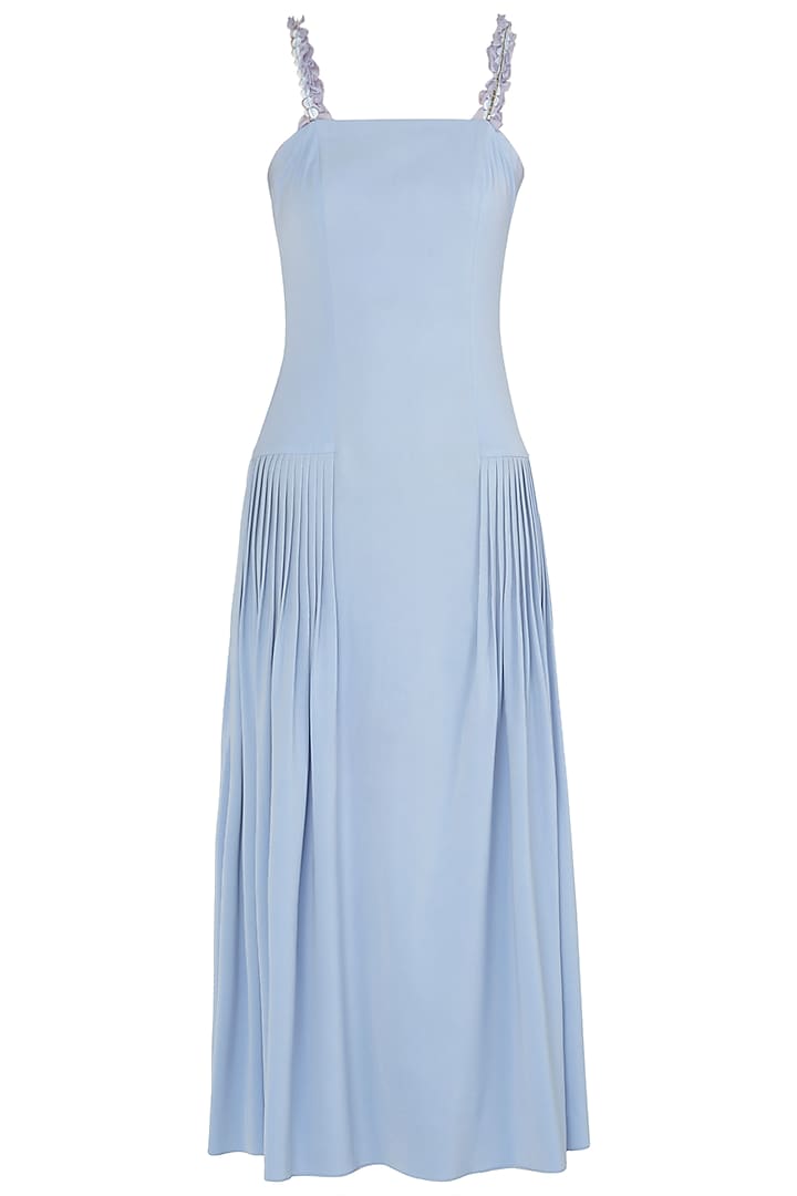 Dusk blue embroidered pleated midi dress available only at Pernia's Pop ...