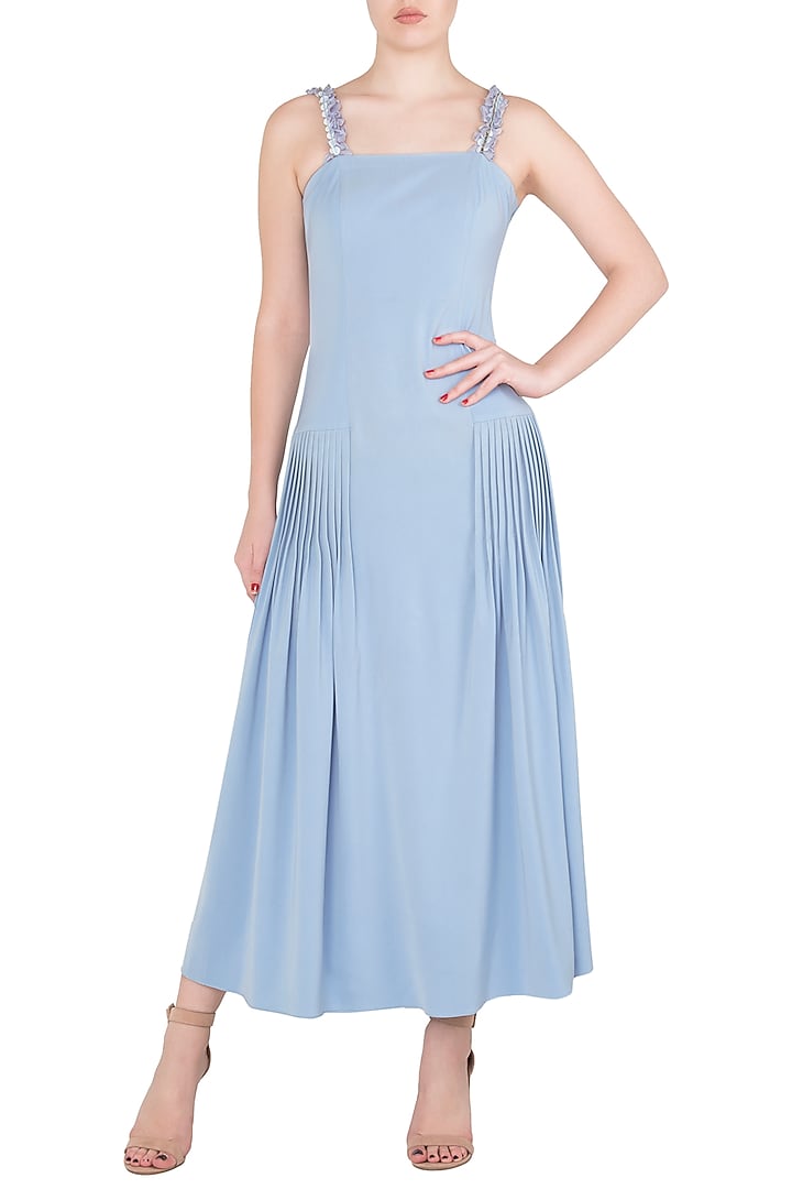 Dusk blue embroidered pleated midi dress available only at Pernia's Pop Up Shop.
