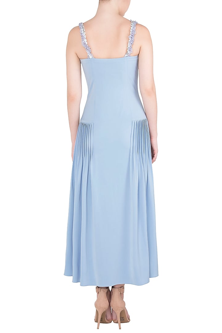 Dusk blue embroidered pleated midi dress available only at Pernia's Pop Up Shop.