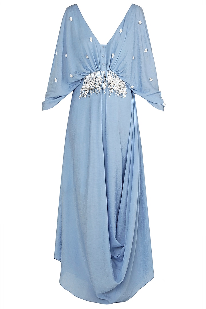 Dusk Blue Embellished Drape Maxi Dress by Babita Malkani