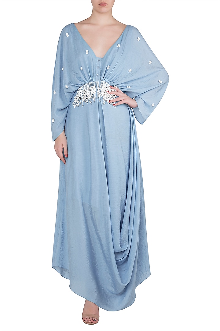 Dusk blue embellished drape maxi dress available only at Pernia's Pop Up Shop.
