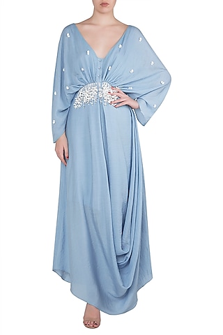 Dusk Blue Embellished Drape Maxi Dress by Babita Malkani