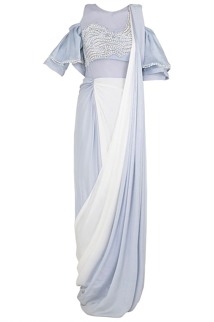 Dusk Blue To White Ombre Embroidered Saree Gown by Babita Malkani