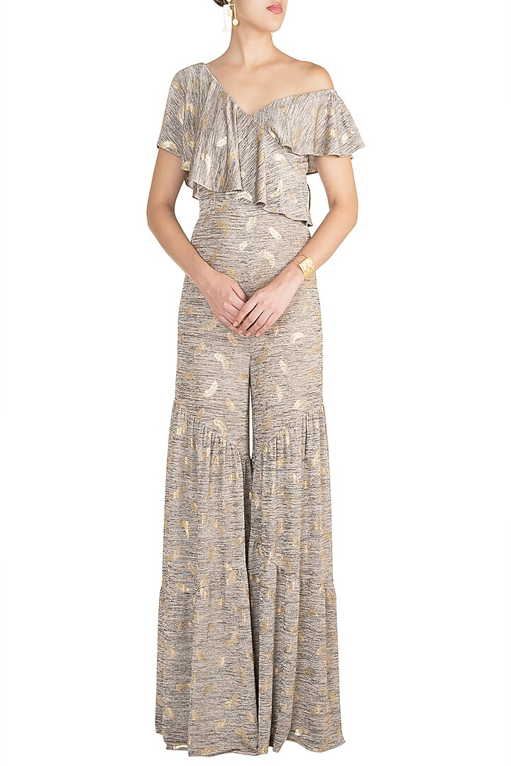 Stone Grey One Shoulder Ruffled Jumpsuit by Babita Malkani at Pernia's Pop Up Shop