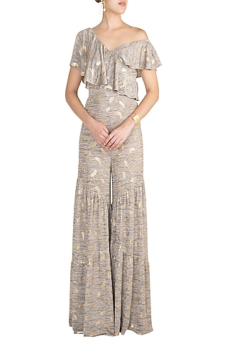 Stone Grey One Shoulder Ruffled Jumpsuit by Babita Malkani