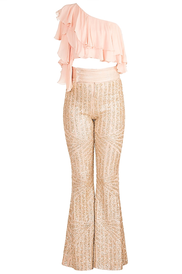 Gold Sequins Pants With Blush Pink One Shoulder Top by Babita Malkani