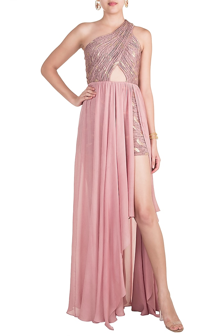 Ash Lavender Ruched One Shoulder Foil Cocktail Dress by Babita Malkani at Pernia's Pop Up Shop