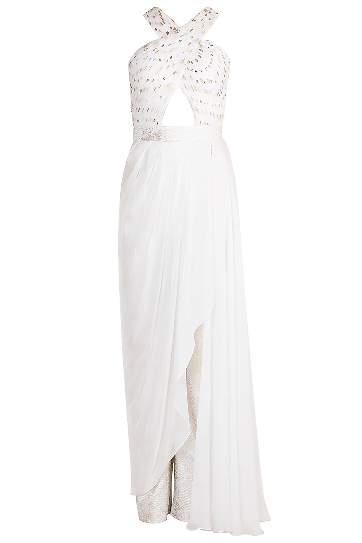 Frosty White Criss-Cross Pleated Jumpsuit by Babita Malkani at Pernia's Pop Up Shop