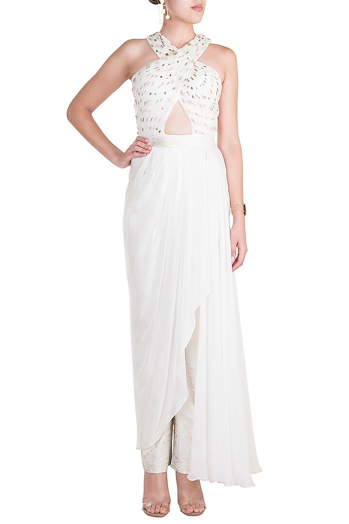 Frosty White Criss-Cross Pleated Jumpsuit by Babita Malkani at Pernia's Pop Up Shop