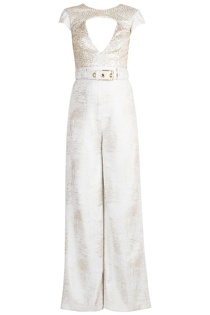 Frosty White Foil Jumpsuit With Belt by Babita Malkani at Pernia's Pop Up Shop