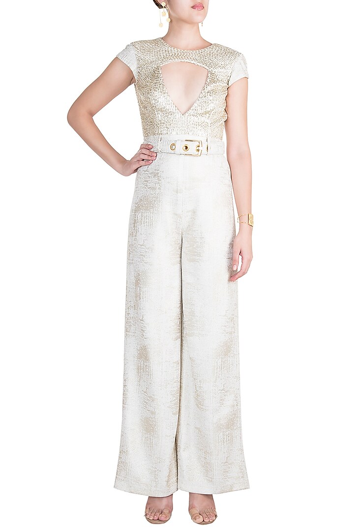 Frosty White Foil Jumpsuit With Belt by Babita Malkani at Pernia's Pop Up Shop