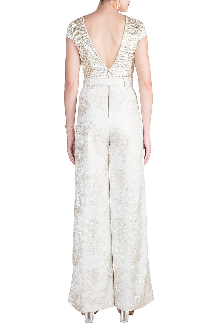 Frosty White Foil Jumpsuit With Belt by Babita Malkani at Pernia's Pop Up Shop