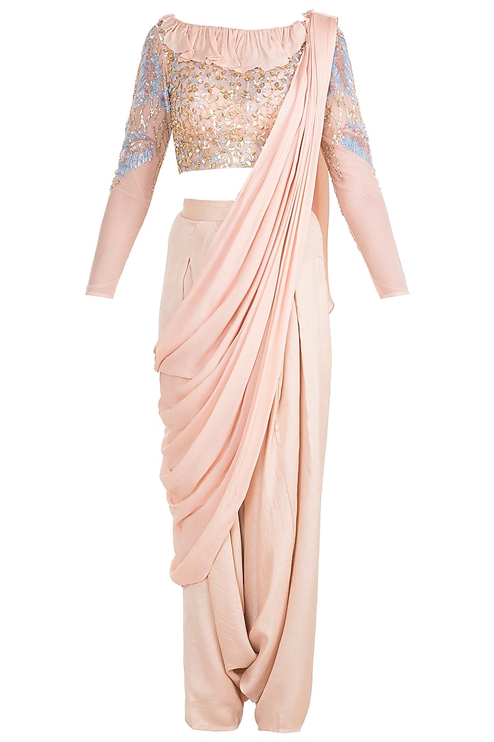 Blush Pink Sheer Crop Top With Bralette, Low Crotch Pants & Detachable Drape by Babita Malkani at Pernia's Pop Up Shop