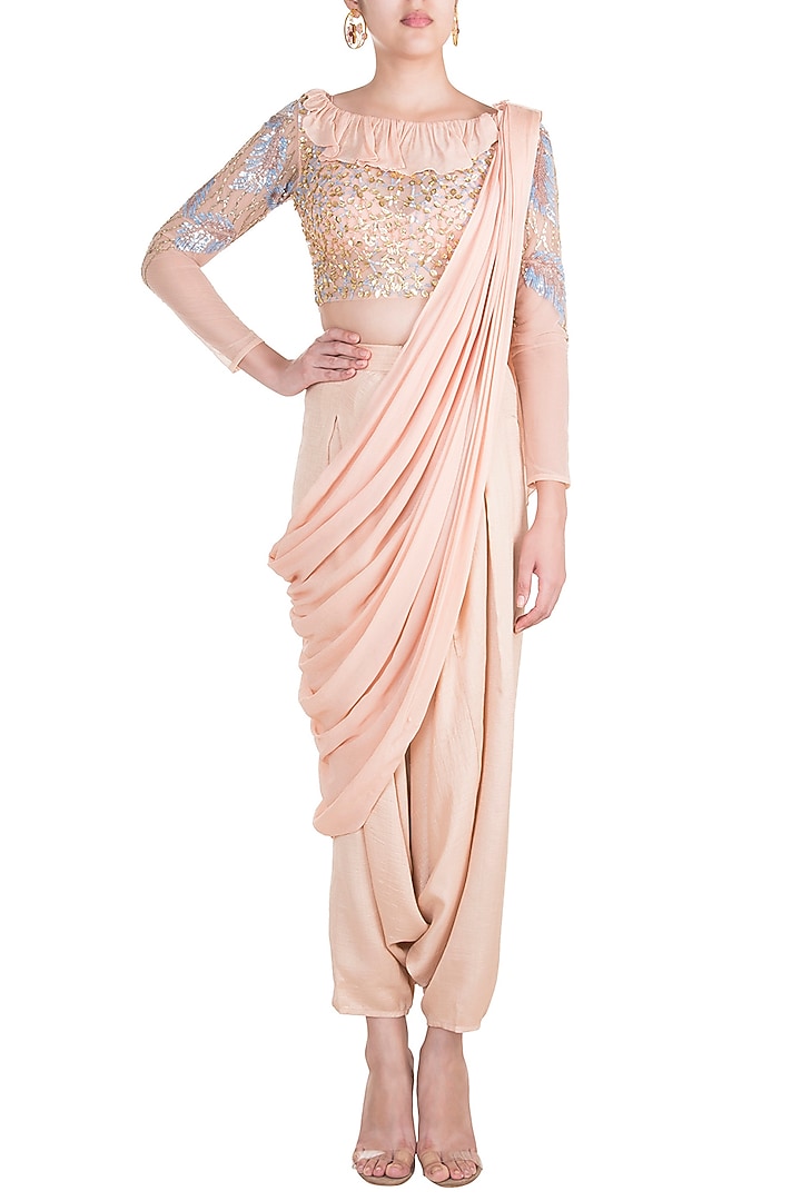 Blush Pink Sheer Crop Top With Bralette, Low Crotch Pants & Detachable Drape by Babita Malkani at Pernia's Pop Up Shop