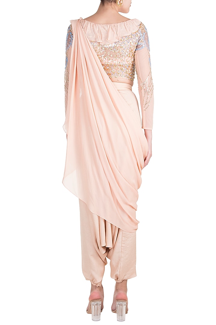 Blush Pink Sheer Crop Top With Bralette, Low Crotch Pants & Detachable Drape by Babita Malkani at Pernia's Pop Up Shop