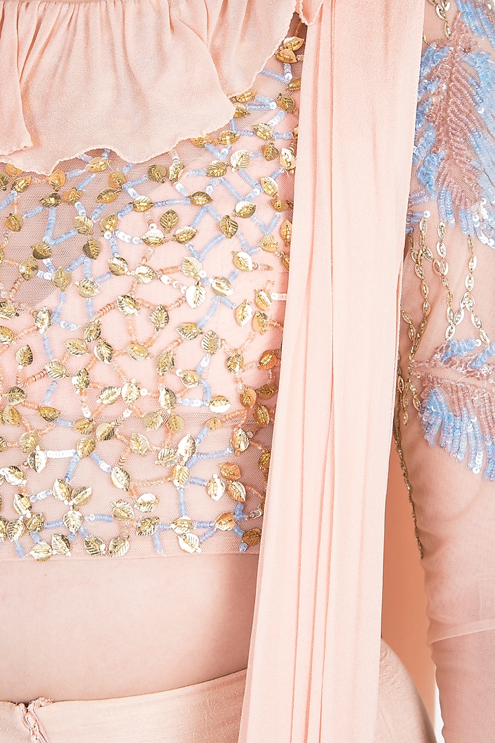 Blush Pink Sheer Crop Top With Bralette, Low Crotch Pants & Detachable Drape by Babita Malkani at Pernia's Pop Up Shop