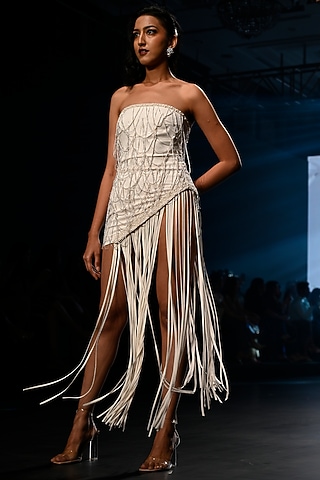 Ivory Italian Crepe Asymmetrical Mini Tube Dress by Babita Malkani