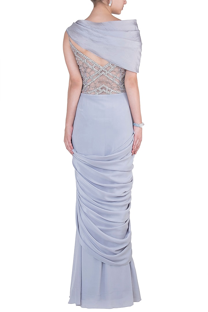 Grey off shoulder gown saree available only at Pernia's Pop Up Shop.