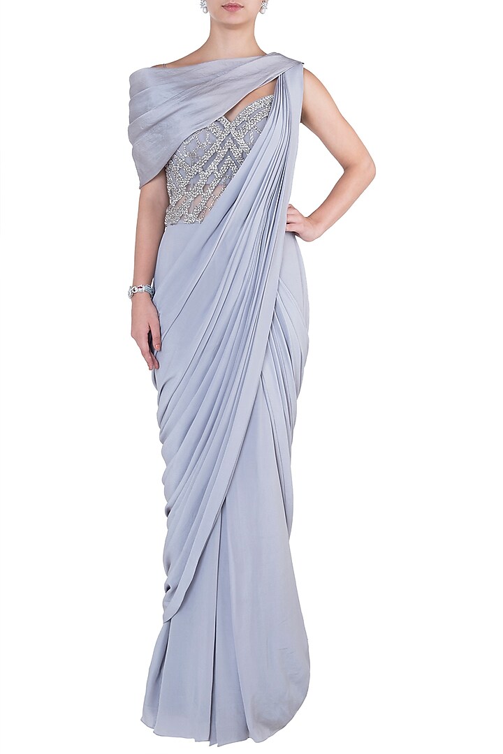 Grey off shoulder gown saree available only at Pernia's Pop Up Shop.