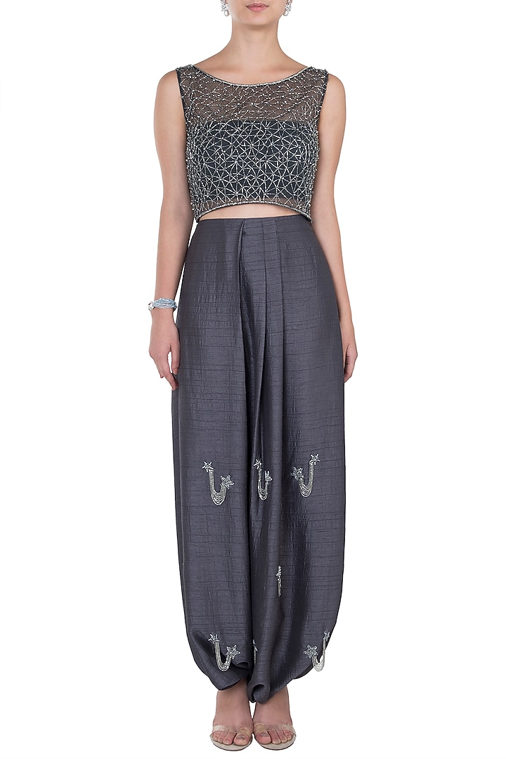 Dark grey crop top with dhoti pants available only at Pernia's Pop Up Shop.