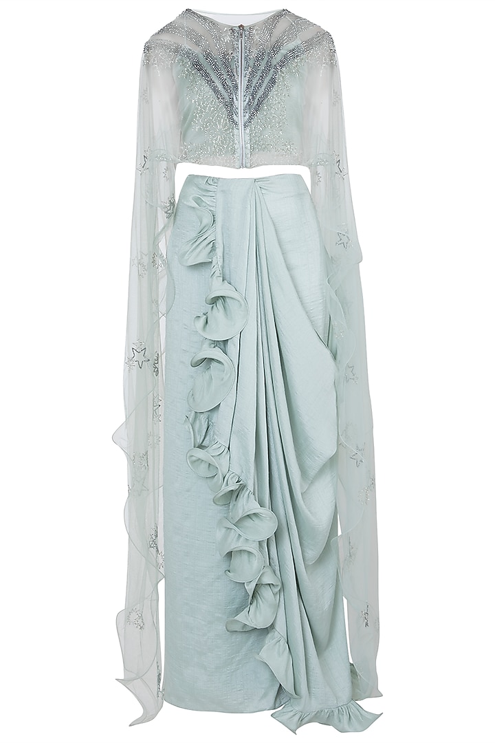 Mint Green Crop Top with Skirt and Cape by Babita Malkani