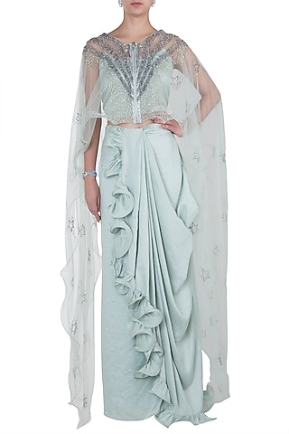 Mint Green Crop Top with Skirt and Cape by Babita Malkani