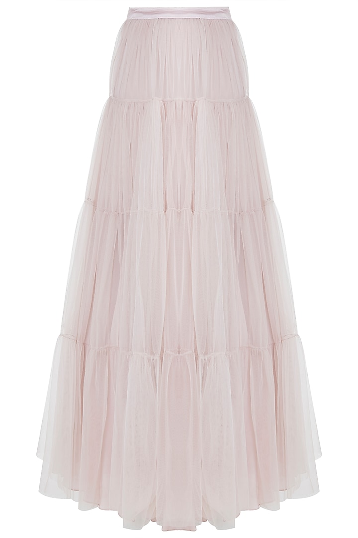 Nude embroidered asymmetrical top with lehenga skirt available only at Pernia's Pop Up Shop.